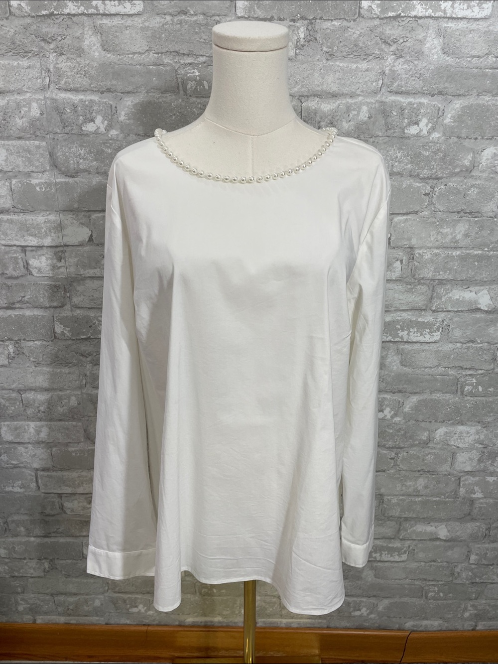 Talbots White Long-Sleeve Top with Pearl Trim
